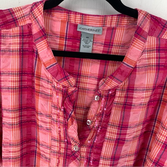 Catherine’s Womens 3X Popover Blouse Top Pink Plaid Roll Tab Sleeves Sequins - Picture 4 of 9